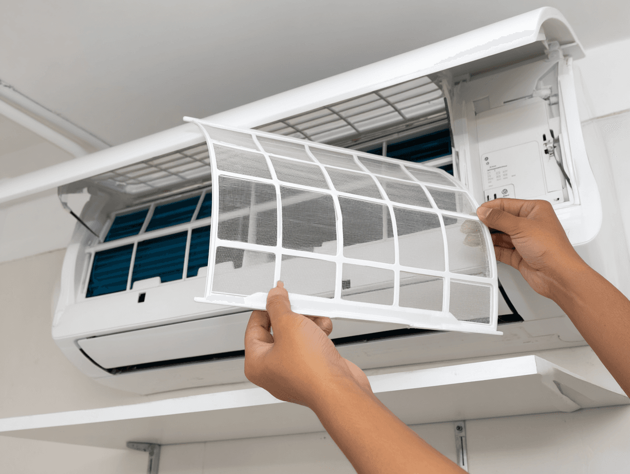 Nettoyage du filtre d’un climatiseur mural par une personne dans un intérieur domestique