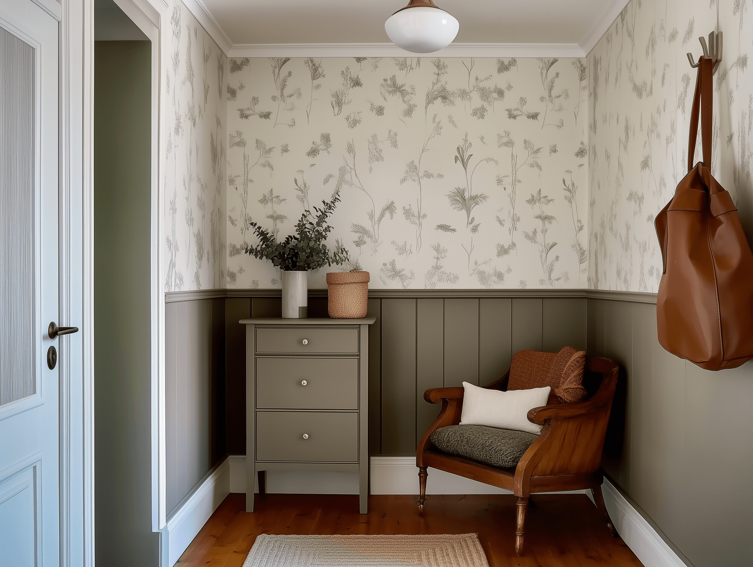 ntrée élégante avec boiseries vert olive, papier peint à motifs botaniques, fauteuil en bois avec coussins, et meuble de rangement.