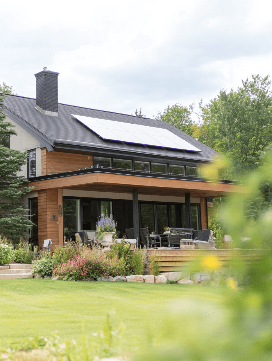 Maison moderne avec panneaux solaires sur le toit, grande terrasse en bois et jardin paysager fleuri.