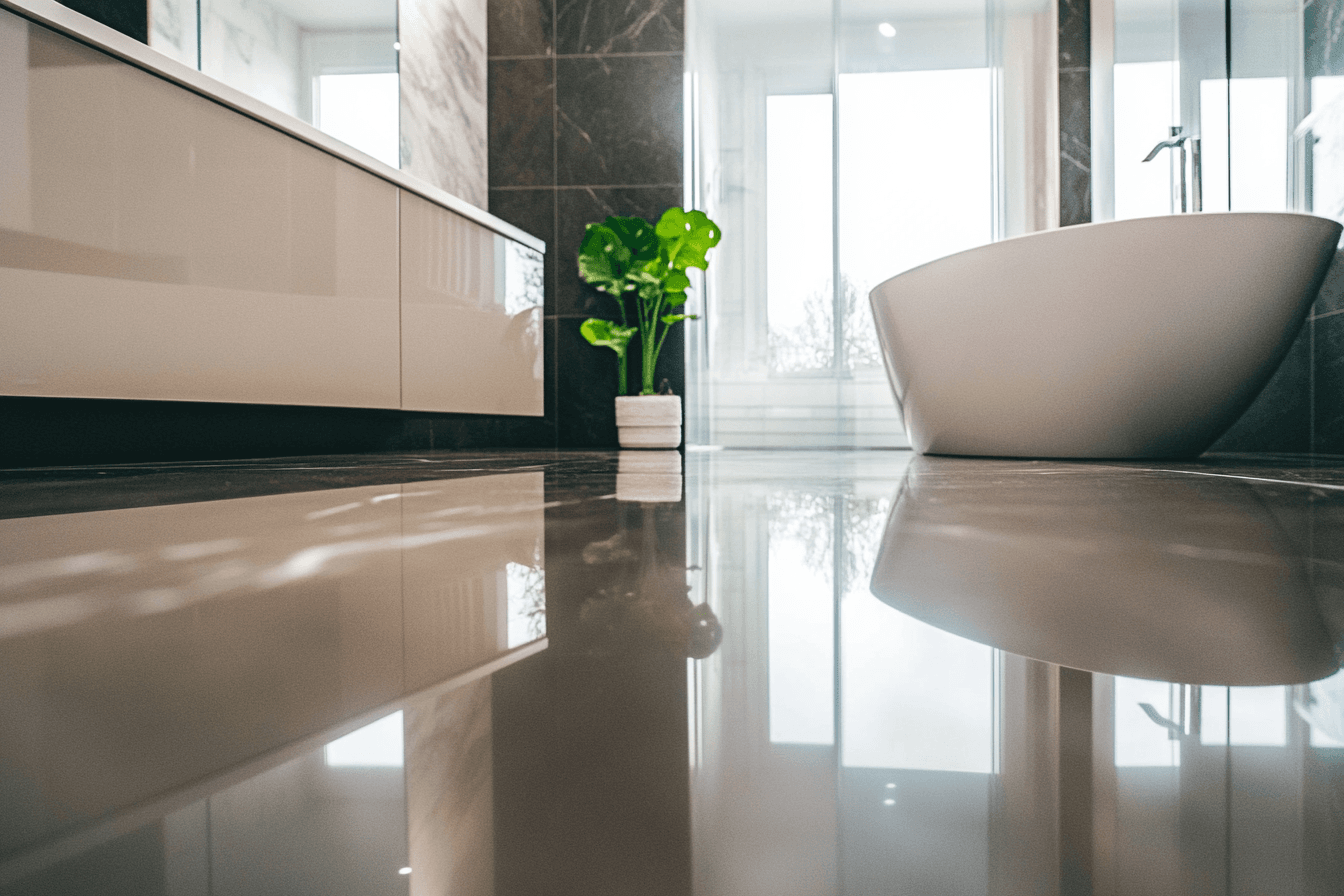 Salle de bain moderne avec baignoire autoportante, sol brillant en epoxy et meuble suspendu, éclairée par une grande fenêtre.