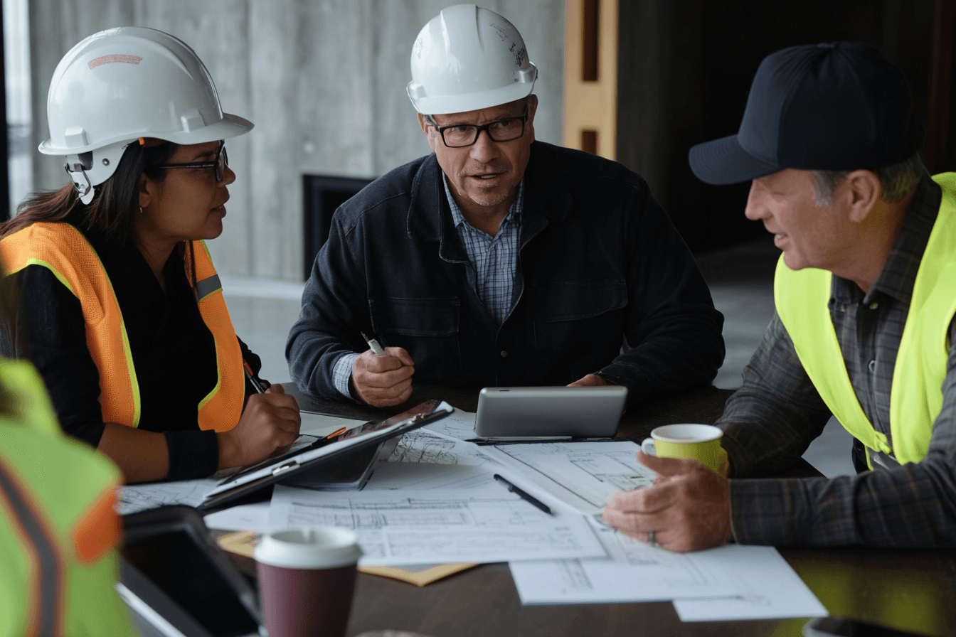 Équipe de professionnels de la construction en réunion avec plans et tablette, portant casques de sécurité et gilets réfléchissants.