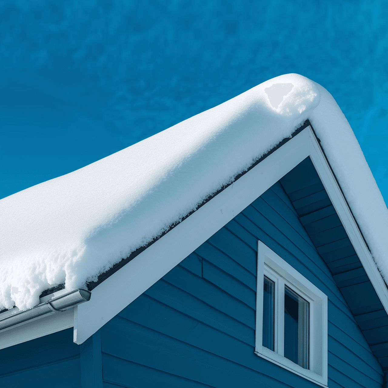 Toit enneigé d'une maison bleue en bois sous un ciel bleu clair.
