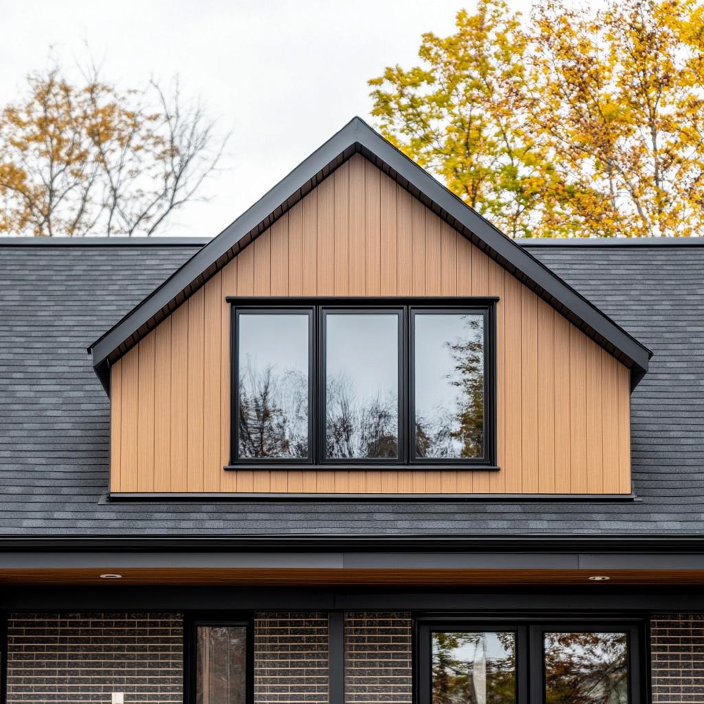 Façade de maison moderne avec revêtement en bois vertical couleur miel, grande fenêtre noire et toiture en bardeaux gris foncé.