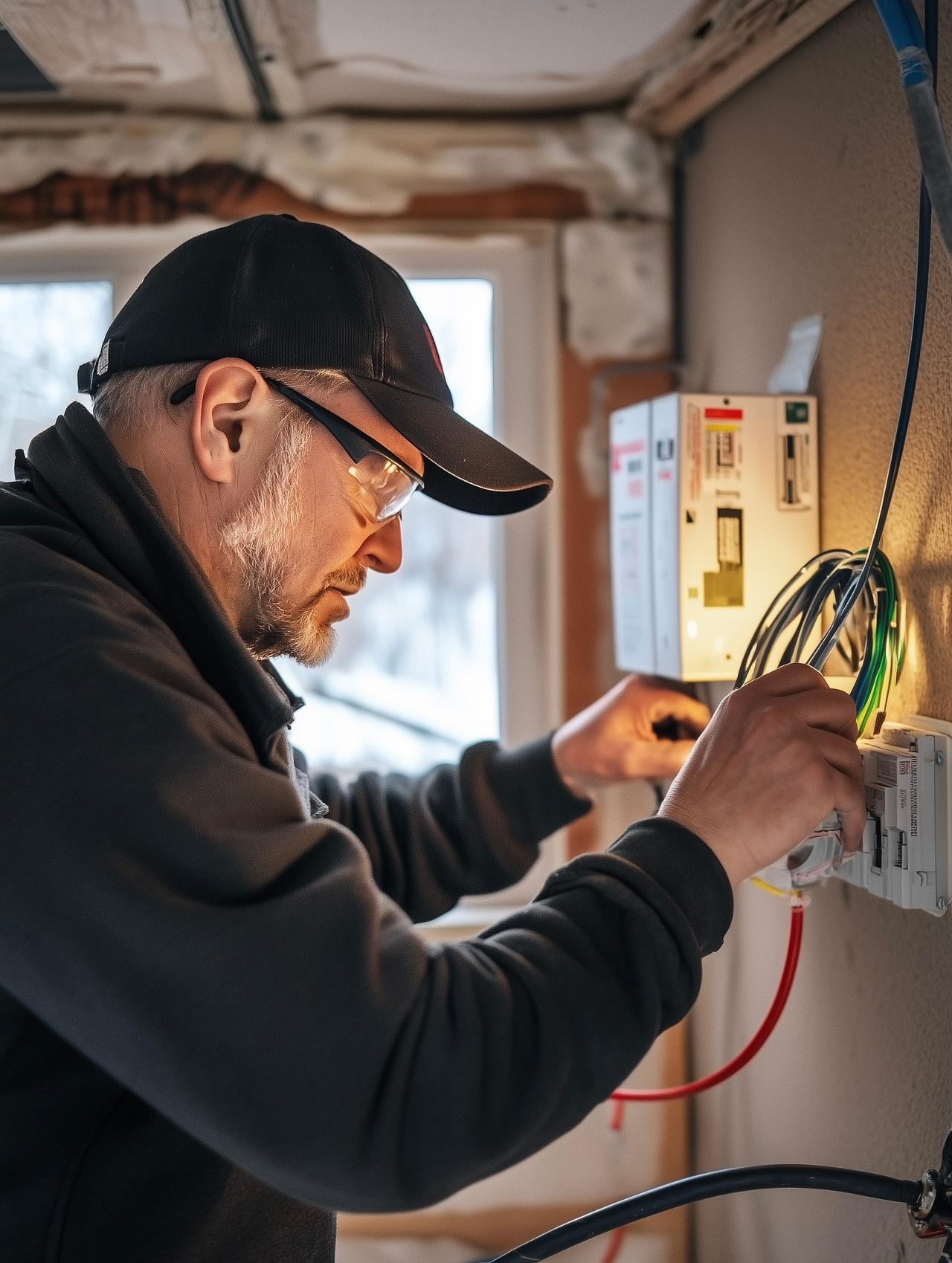 Électricien professionnel en train de raccorder des câbles dans un panneau électrique mural à l’intérieur d’un bâtiment.