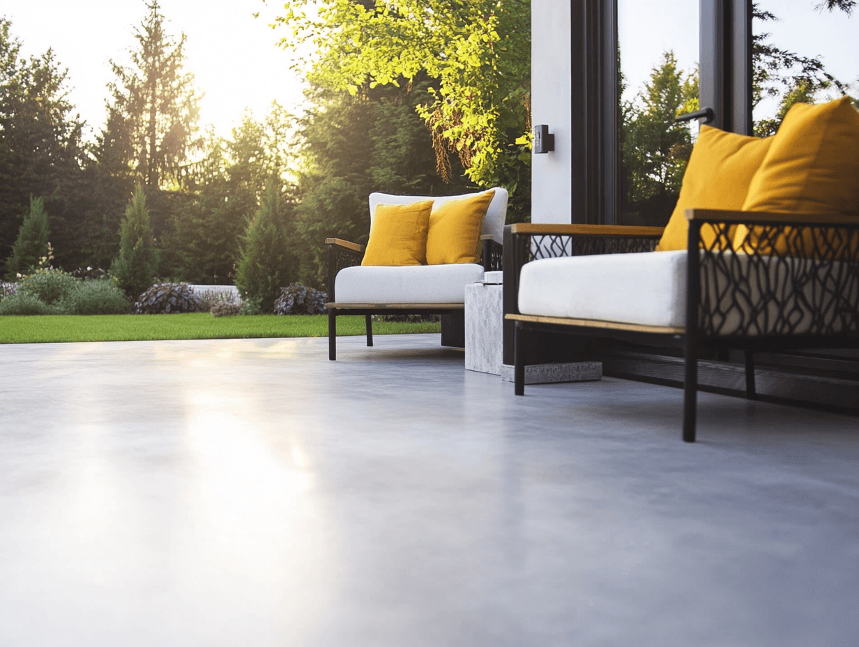 Patio élégant au coucher du soleil avec mobilier de jardin moderne et coussins jaunes face à un jardin paysager