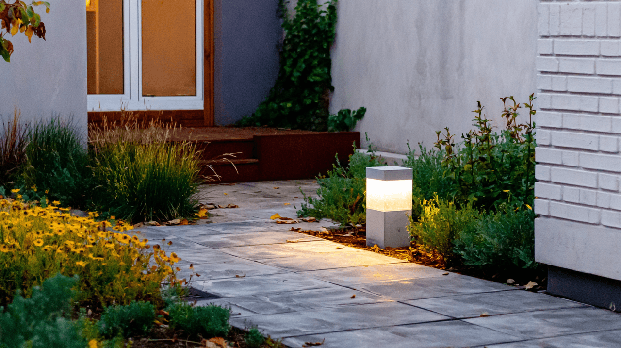 Chemin pavé de jardin avec éclairage extérieur moderne et aménagement paysager fleuri