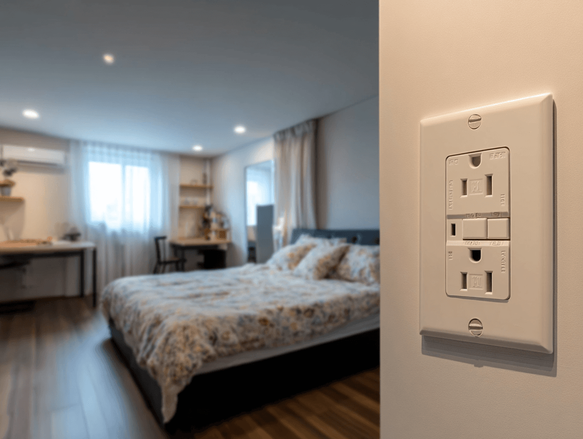 Prise électrique sécurisée GFCI installée dans une chambre moderne avec éclairage encastré et plancher en bois