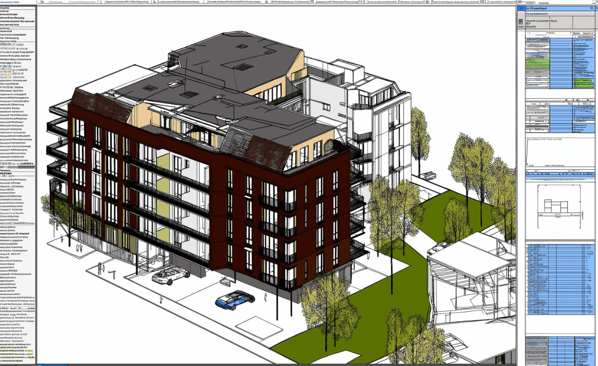 Modélisation architecturale 3D d'un immeuble résidentiel moderne avec balcons, espaces verts environnants et détails techniques affichés à l'écran.