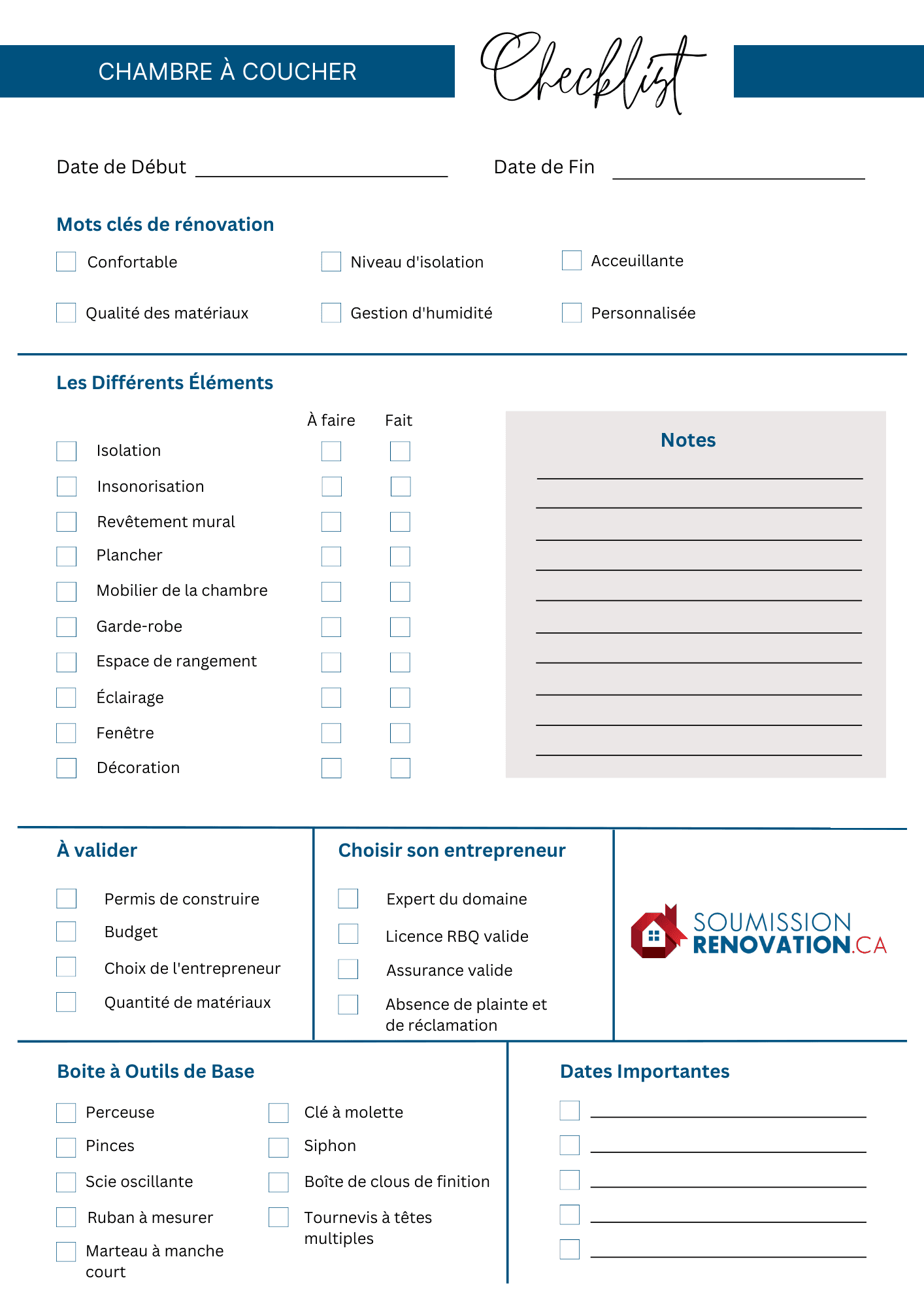 checklist chambre